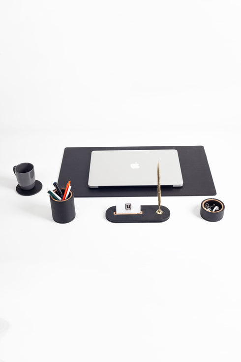 Polo Plus Leather Desktop Set Black 5 Pieces Wooden Detailed